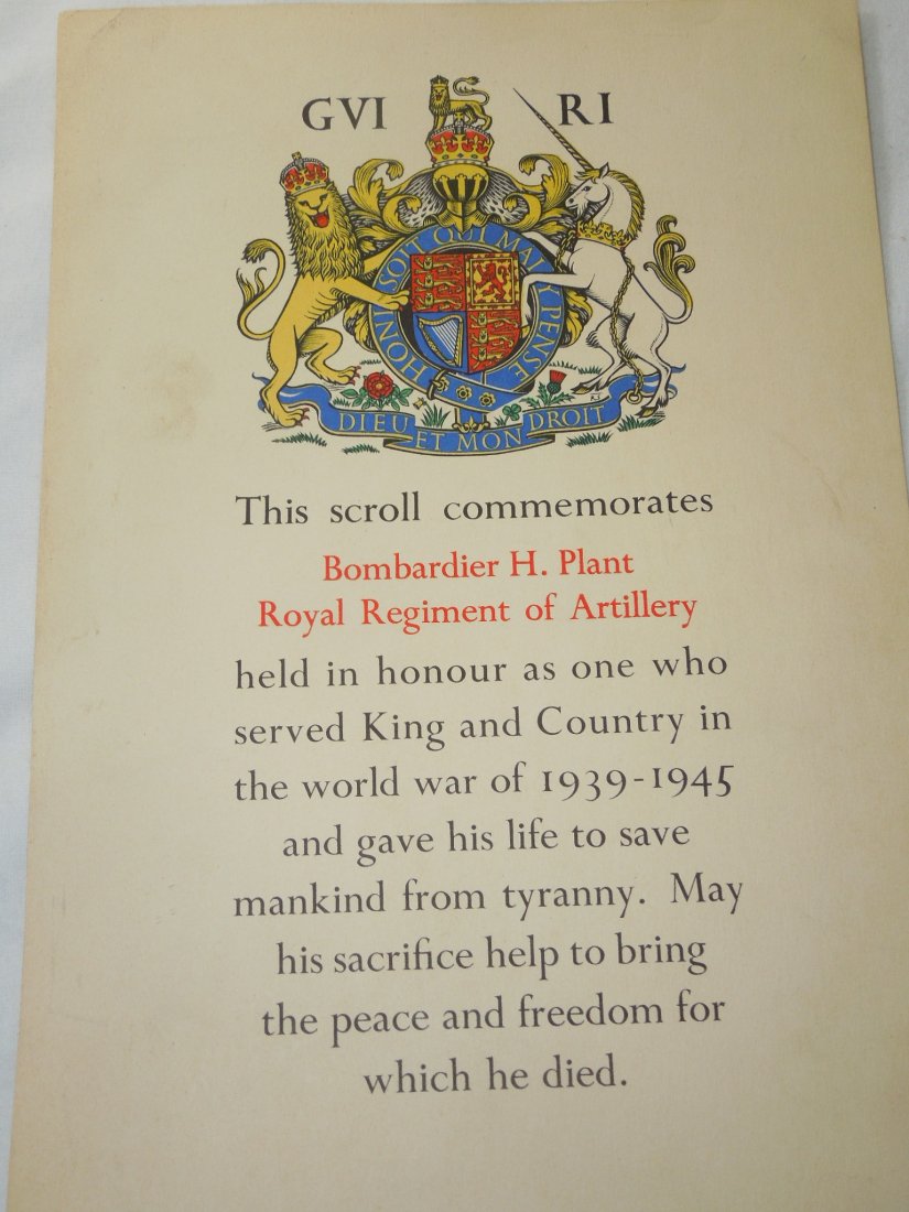 WWII KIA Named Australian Bombardier Royal Regiment: WWII KIA Named Australian Bombardier Royal Regiment Document. Name on Document: Bombardier H. Plant Royal Regiment of Artillery. A document worthy of research. Size is 8.5 x 13 inches. Nice condition 