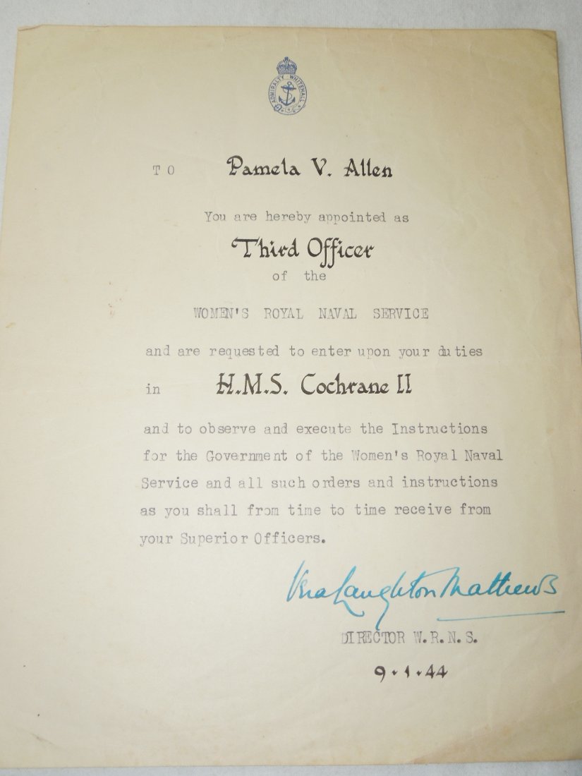 WWII Womens Royal Naval Service HMS Cochrane Document (1 of 3)