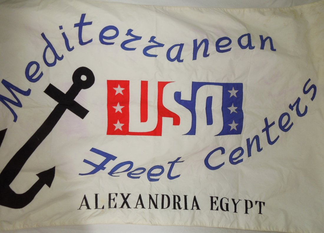 USO Mediterranean Fleet Center Alexandria Egypt Banner: USA Mediterranean Fleet Center Alexandria Egypt Banner. Stitched lettering and made of nylon. Size is 35 x 54 inches. Condition is excellent.