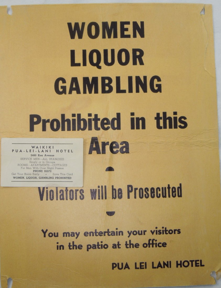 WWII Hawaii Waikiki Hotel Women Prohibited Sign Card (1 of 5)