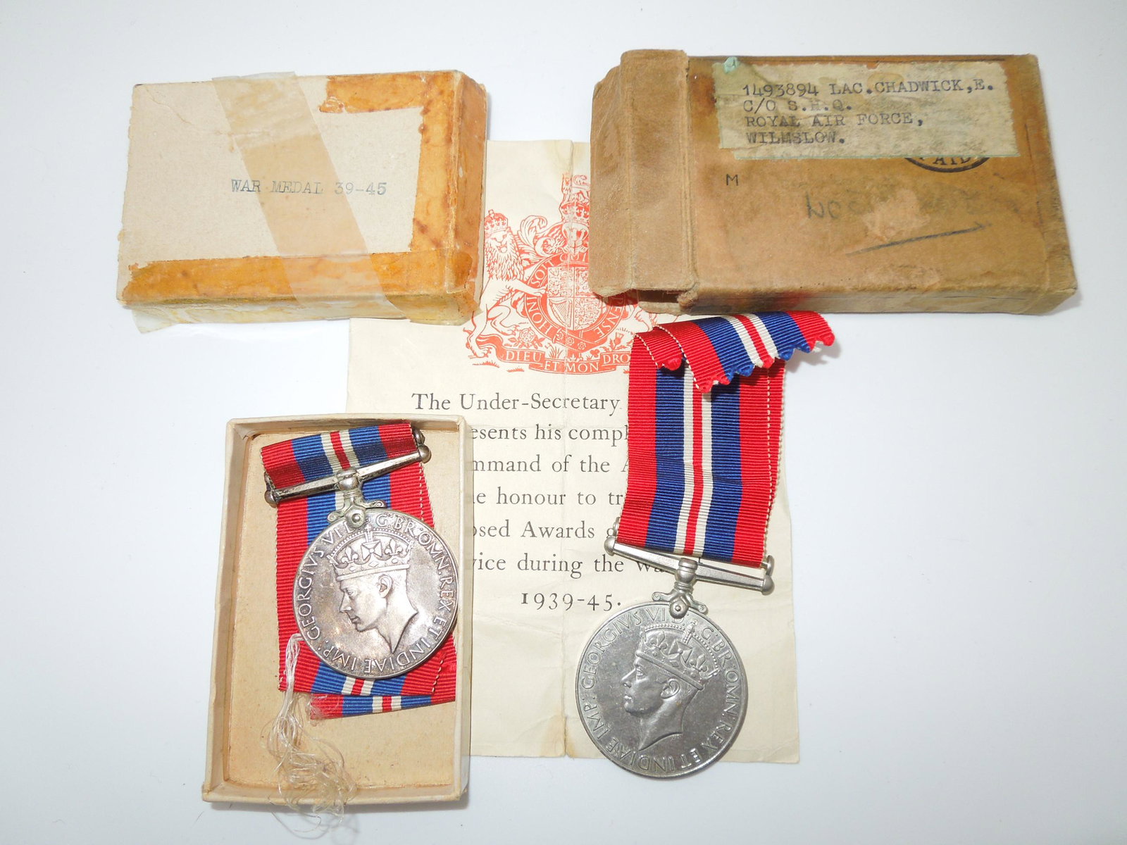 WWII British Royal Air Force RAF Named War Medals RAF in Boxes Lot of 2 (1 of 6)