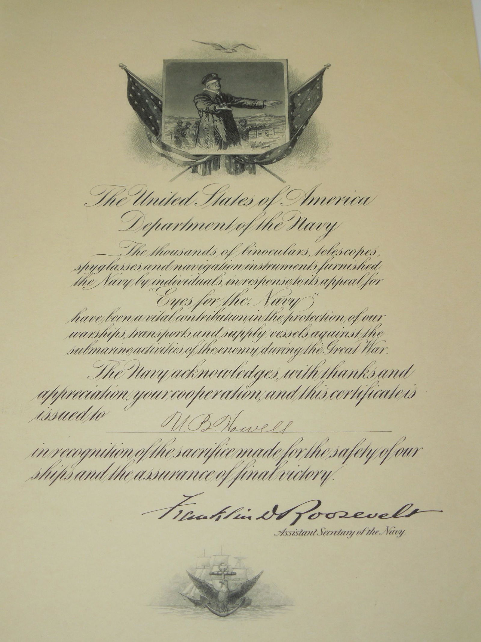WWI Eyes for the Navy Certificate Roosevelt FDR Document (1 of 4)