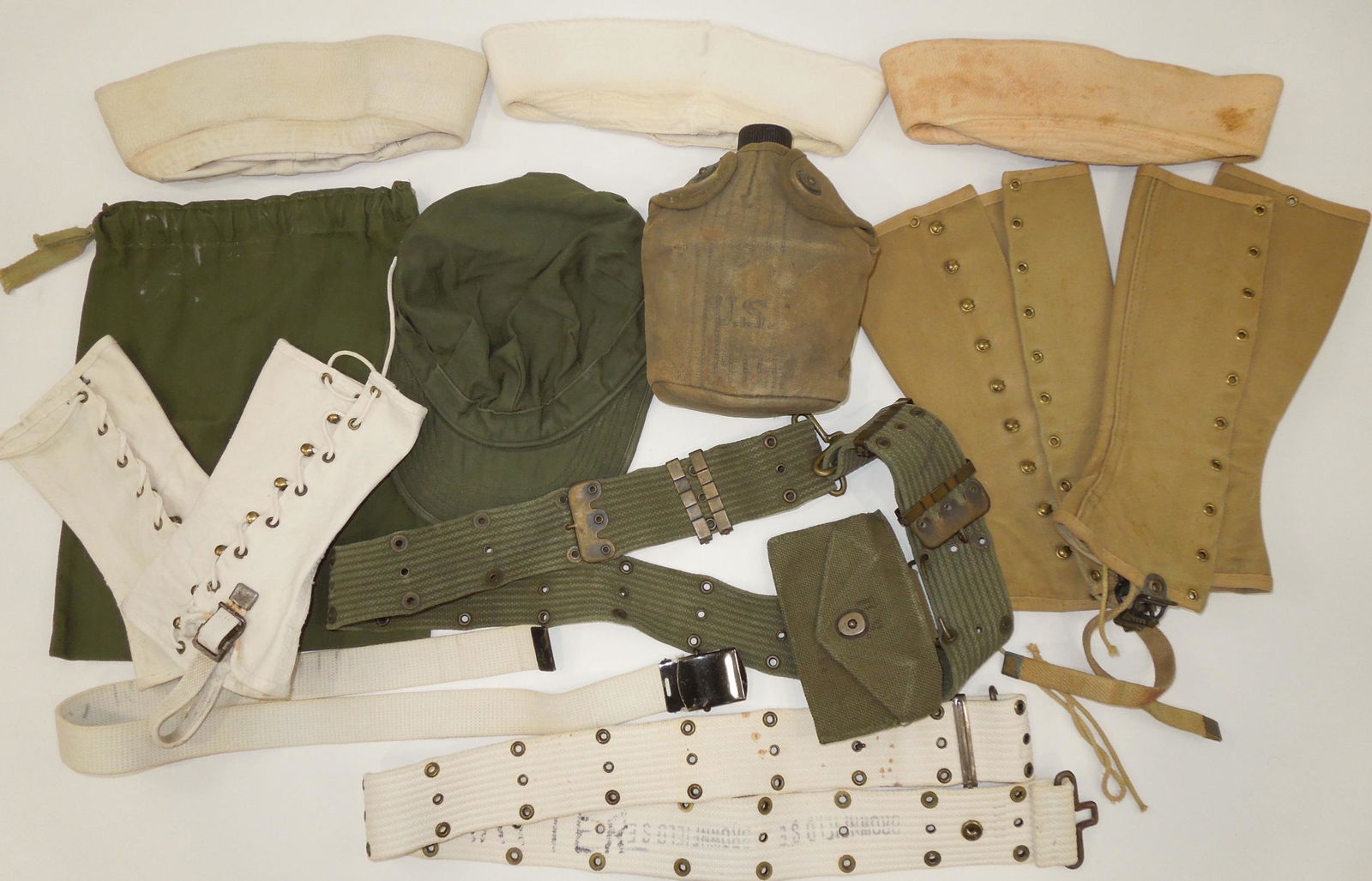 WWII Lot US Army Navy Field Gear Canteen Leggings Belts Caps (1 of 11)