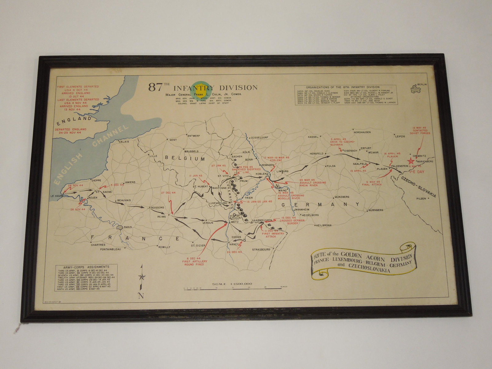 WWII 1945 87th Infantry Division Framed Battle Operations Map: WWII 1945 87th Infantry Division Framed Battle Operations Map. Route of the Golden Acorn Division: France, Luxembourg, Belgium, Germany, and Czechoslovakia. Approximate size is 19 x 29 inches. Nicely 