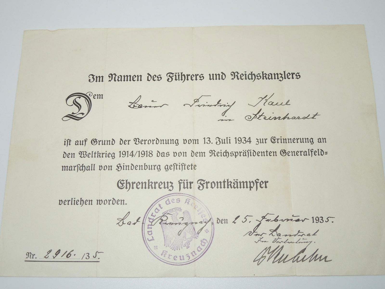 1930s German Army Hindenburg Cross Combatant Certificate Document (1 of 2)