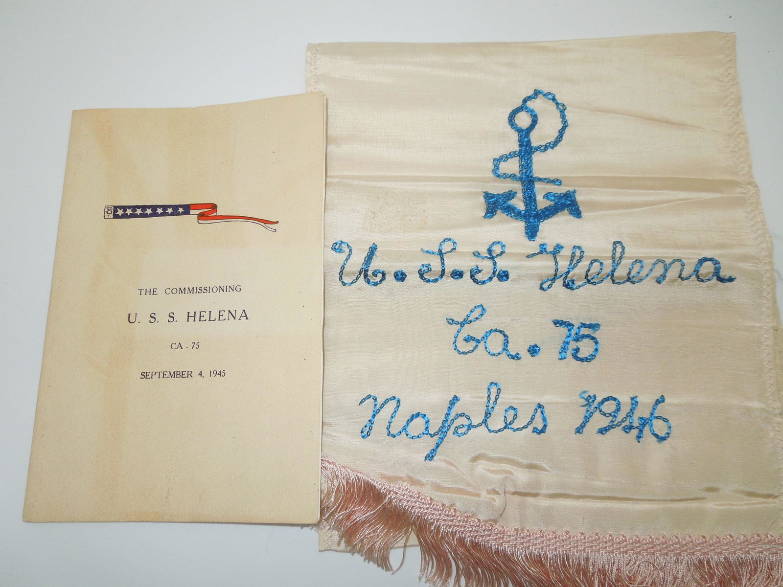 WWII 1945 USS Helena Lot Commissioning Program & 1946 Naples Embroidered Tapestry (1 of 5)