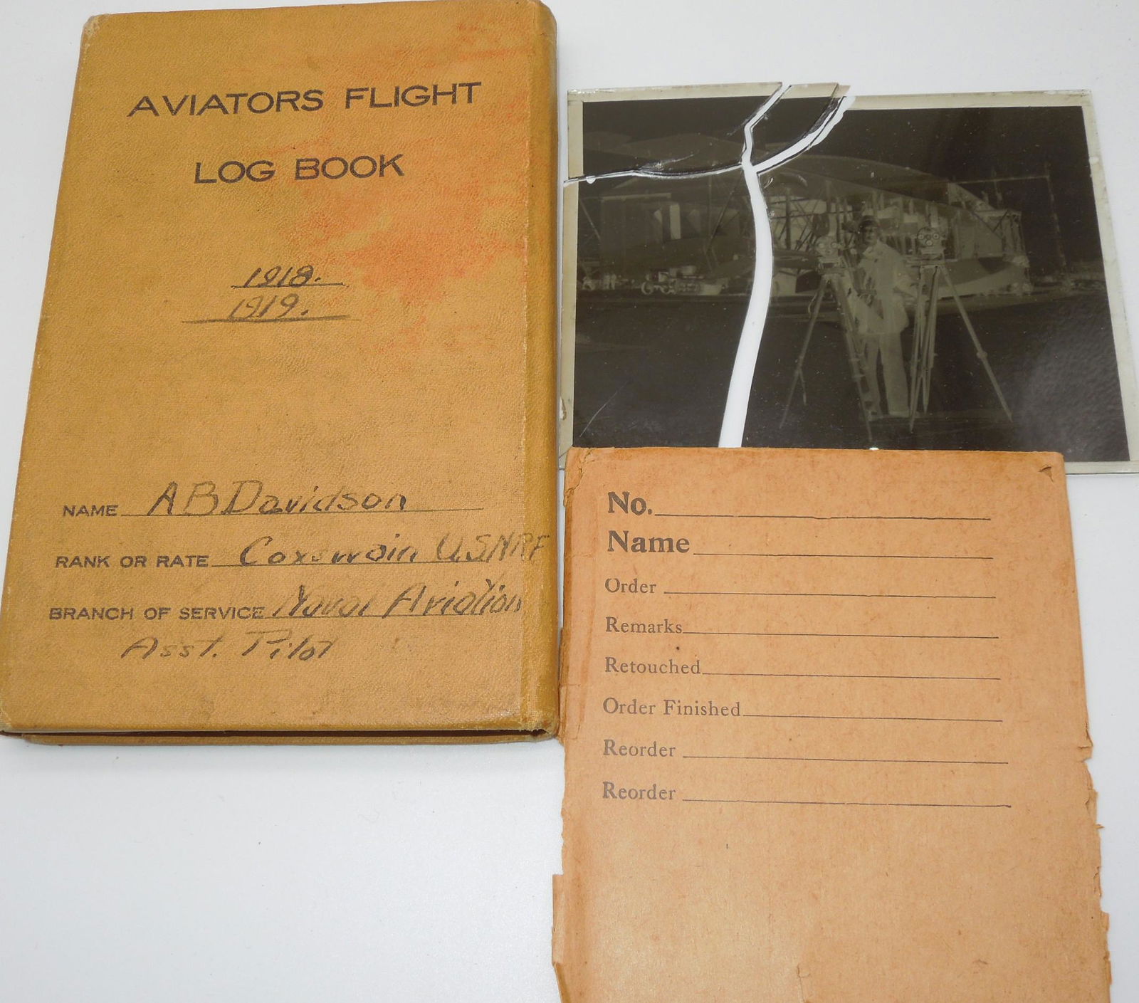 WWI 1918 - 1919 US Navy Enlisted Asst. Pilot Flight Log Book, Negatives, Curtiss (1 of 9)