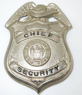 New York Chief of Security Badge: Original circa 1940s to 60s era badge as shown. Good condition with wear consistent with age.