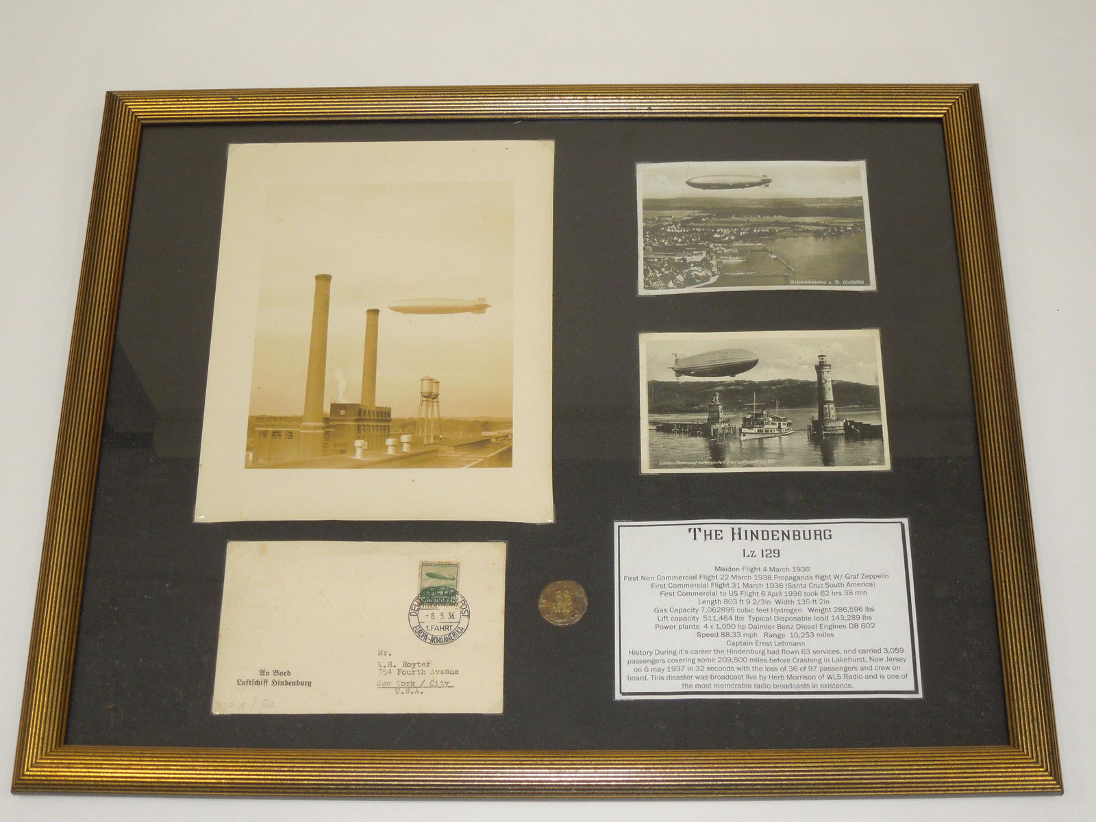 1935 German Hindenburg Zeppelin LZ 129 Framed Display: Tinnie, FDC Cover & Photos (1 of 8)