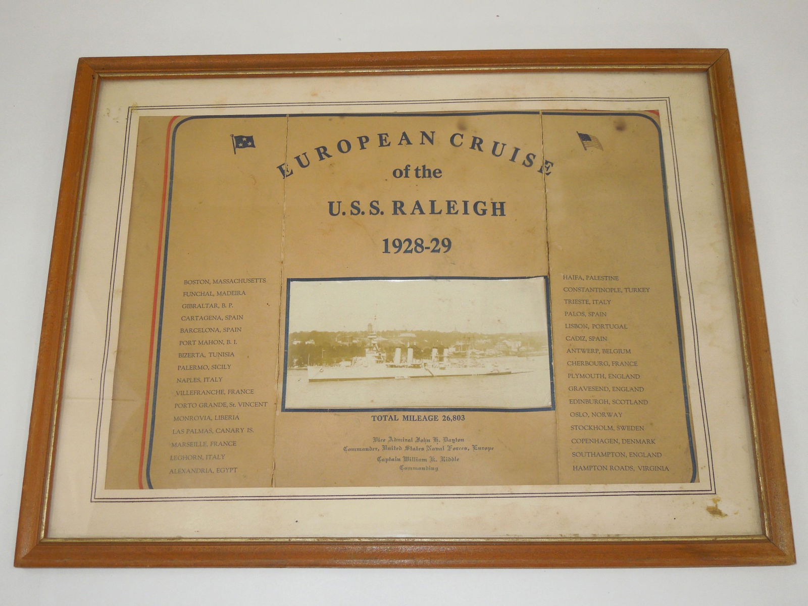 1928-29 USN Navy European Cruise of the USS Raleigh Cruiser Framed Photo Document: You will receive a 1928-1929 framed picture of the USN Navy U.S.S. Raleigh European Cruise and Photo. The USS Raleigh was a Omaha-class cruiser. Vice Admiral John H. Dayton was the Commander, United S
