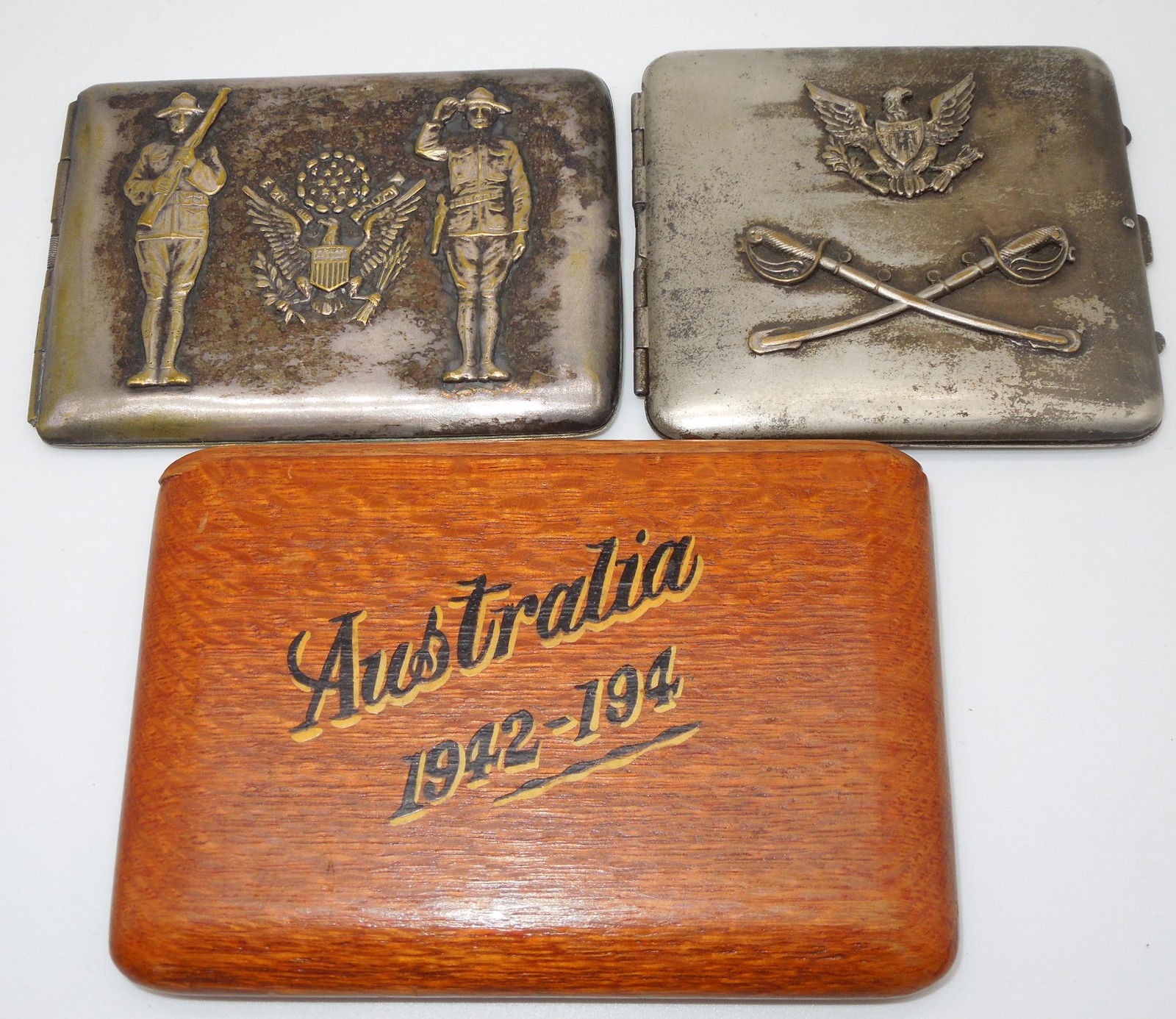 WWI - WWII US Military Cigarette Cases Army Doughboy Cavalry Australia Lot (1 of 6)