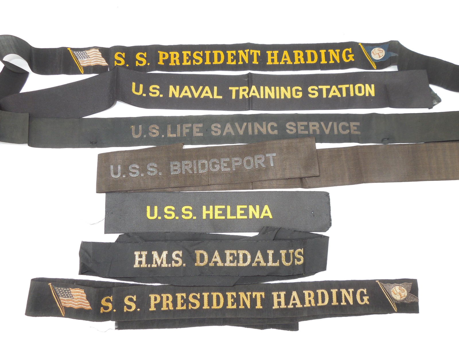 WWI Era - 1930s British Royal & USN Navy Cap Hat Tallies Tally Bands Lot of 7 (1 of 4)