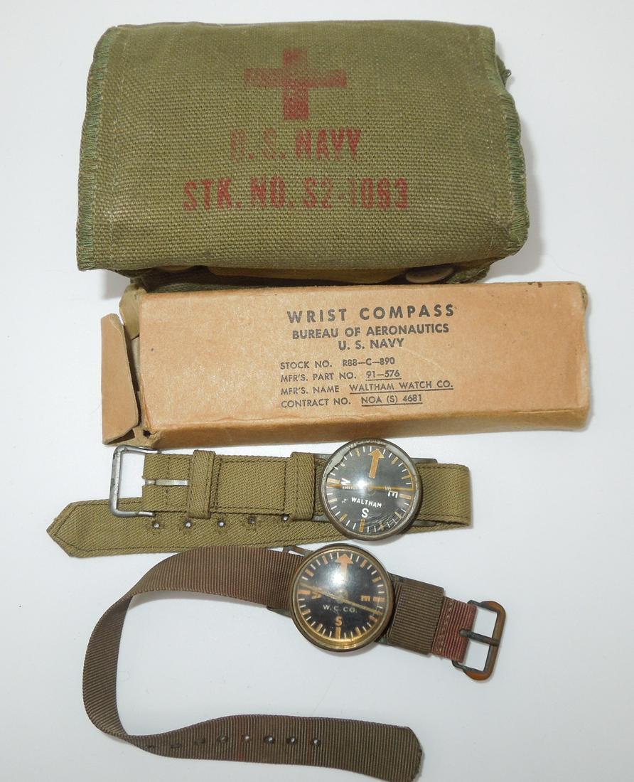 WWII USN Navy Wrist Compass (2) & First Aid Kit Lot Can Opener Fire Starter Lot (1 of 5)