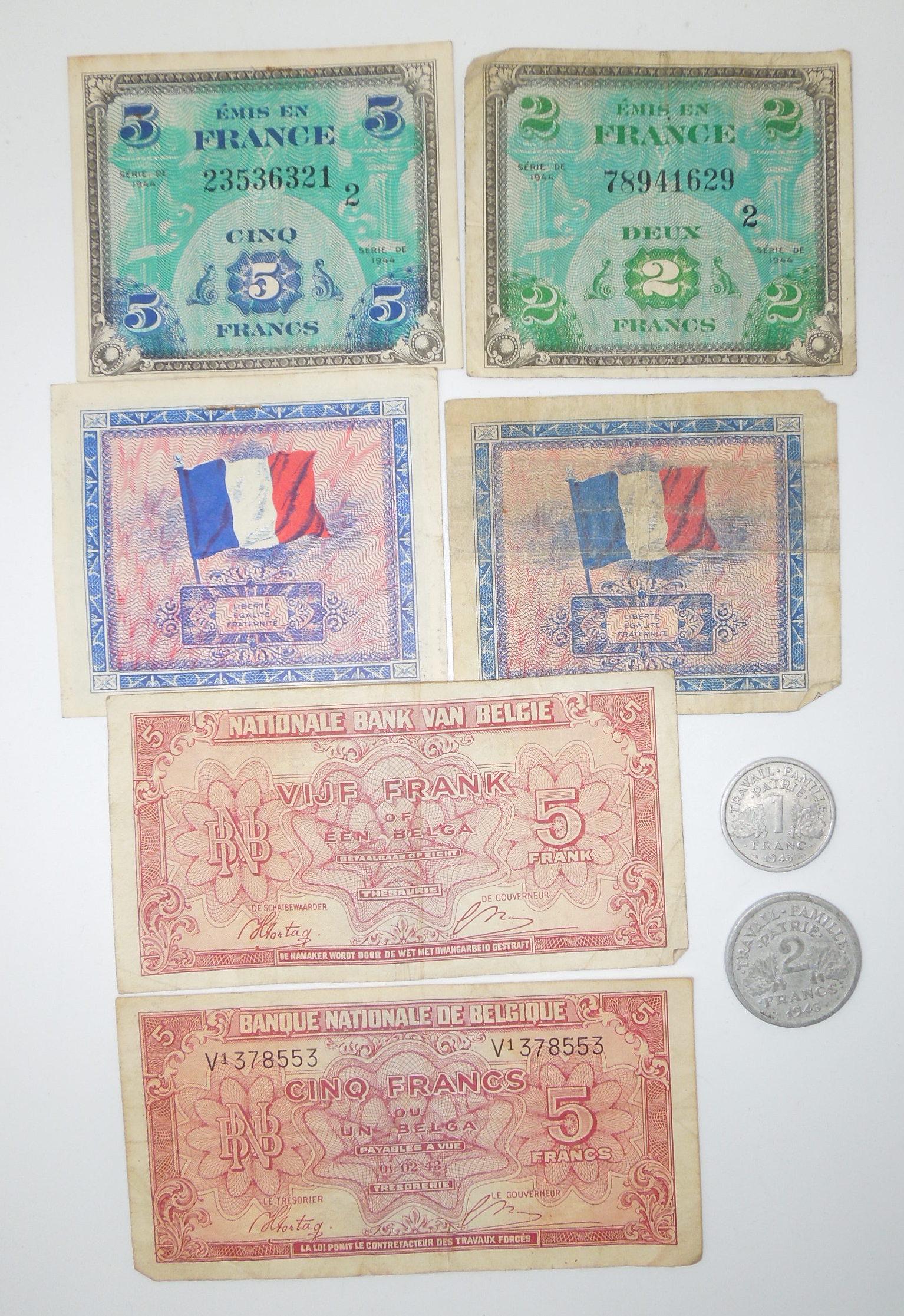 WWII France & Belgium Money Currency & Coins: Lot of original period WWII era money as shown. All pieces show use and age consistent with old money.
