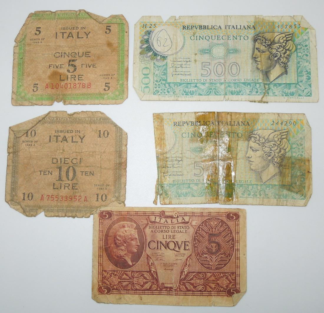 WWII Italian Fascist Money Currency: Lot of original period WWII era money as shown. All pieces show use and age consistent with old money.