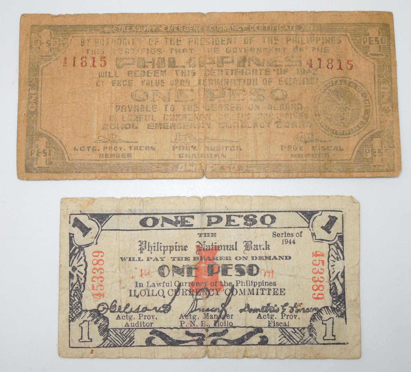 WWII Philippine Guerilla Money Currency: Lot of original period WWII era money as shown. All pieces show use and age consistent with old money.