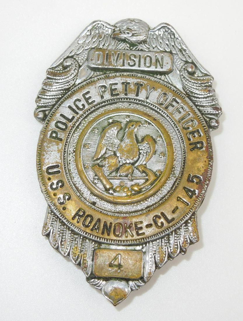1950s US Navy Cruiser USS Roanoke CL-145 Police Petty Officer Badge: Nice original badge as shown, some loss of the metal covering to the front.
