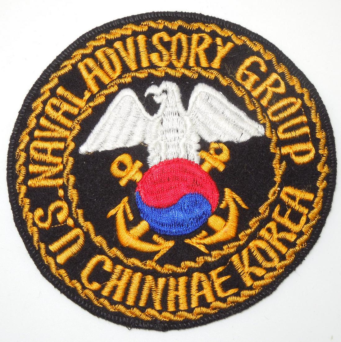 1950s - 60s US Naval Advisory Group Chinhae, Korea Patch: Vintage US Military patch as shown. It has some paper and glue residue on the back. This came out of a large collection from a USMC, USCG, and USN collector who picked up most of his items in the 1960