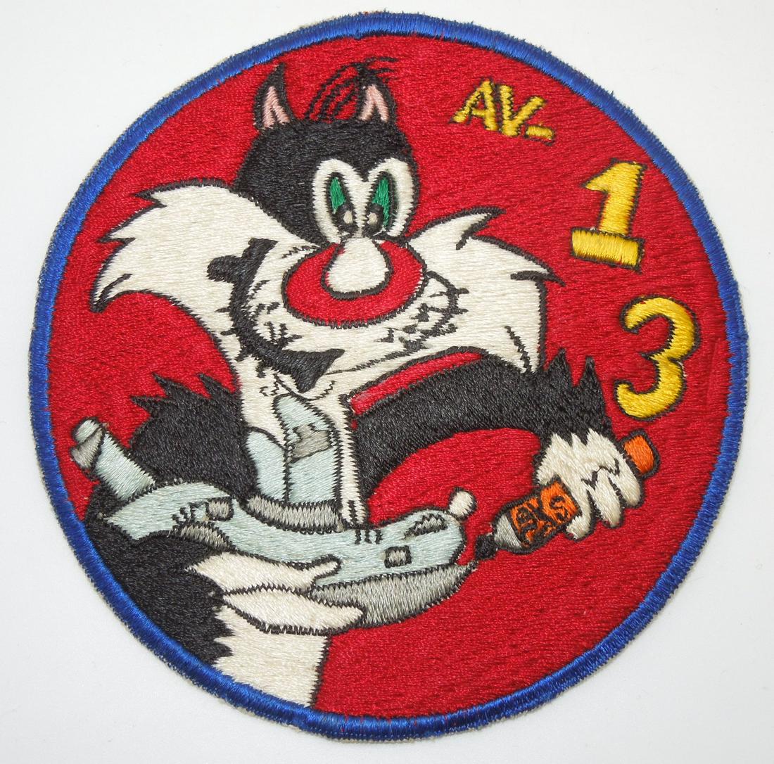 Korean War Navy USS Salisbury Sound AV-13 Cartoon Patch: Vintage US Military patch as shown. It has some paper and glue residue on the back. This came out of a large collection from a USMC, USCG, and USN collector who picked up most of his items in the 1960
