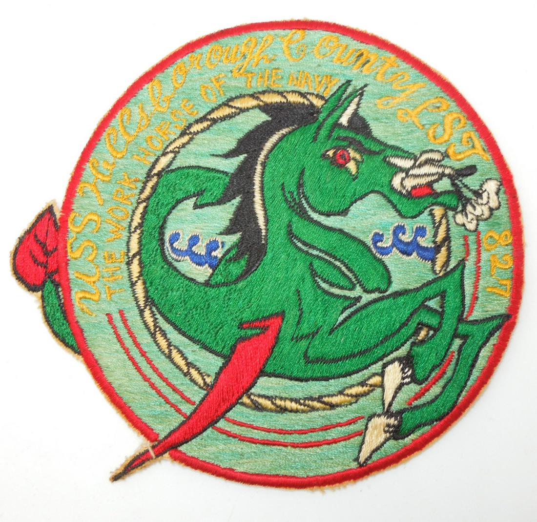 Korean War USS Hillsborough County LST-827 Workhorse Patch: Vintage US Military patch as shown. It has some paper and glue residue on the back. This came out of a large collection from a USMC, USCG, and USN collector who picked up most of his items in the 1960
