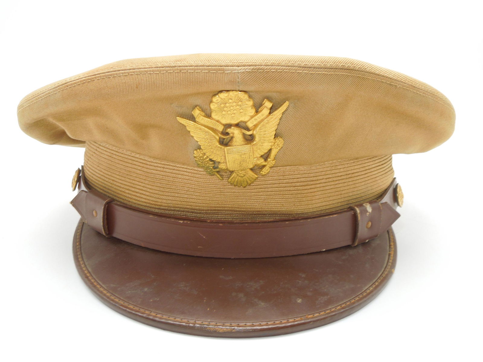 WWII Khaki US Army Named Officer Cap Hat Visor (1 of 4)