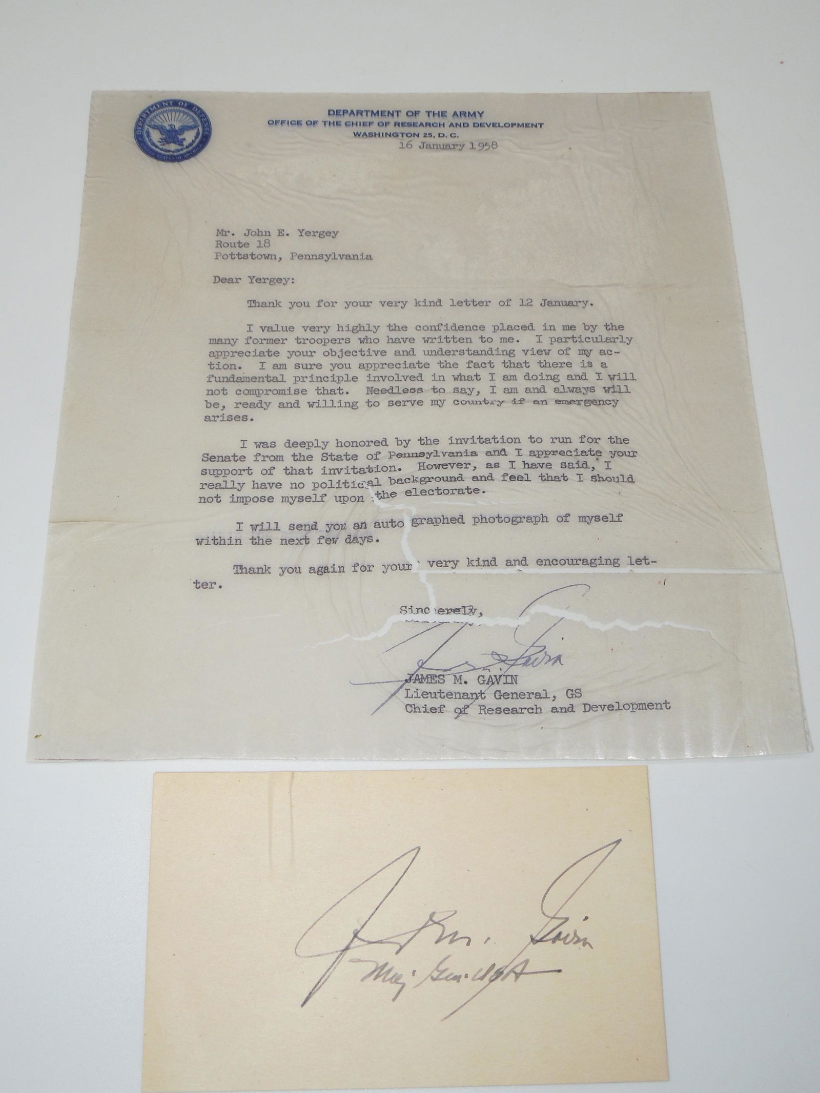 Original Signed US Army General James Gavin Airborne Autographed TLS & Card (1 of 3)