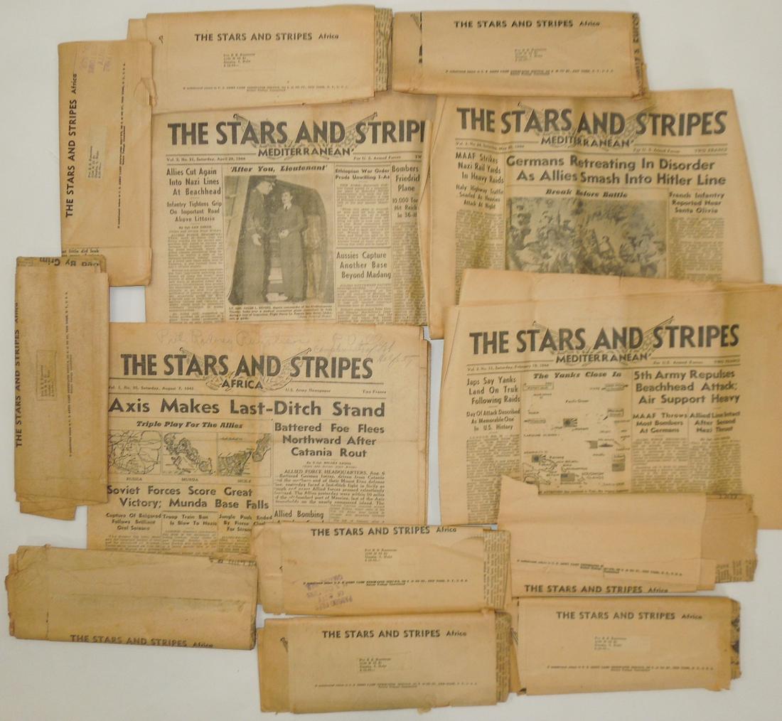 Lot of 14 WWII Europe Edition Stars & Stripes Newspapers Some Unopened: Lot of 14 WWII period Stars and Stripes Europe Edition newspapers. Interestingly, most are still wrapped in the original delivery paper addressed to the Soldier recipient, and have never been opened! 