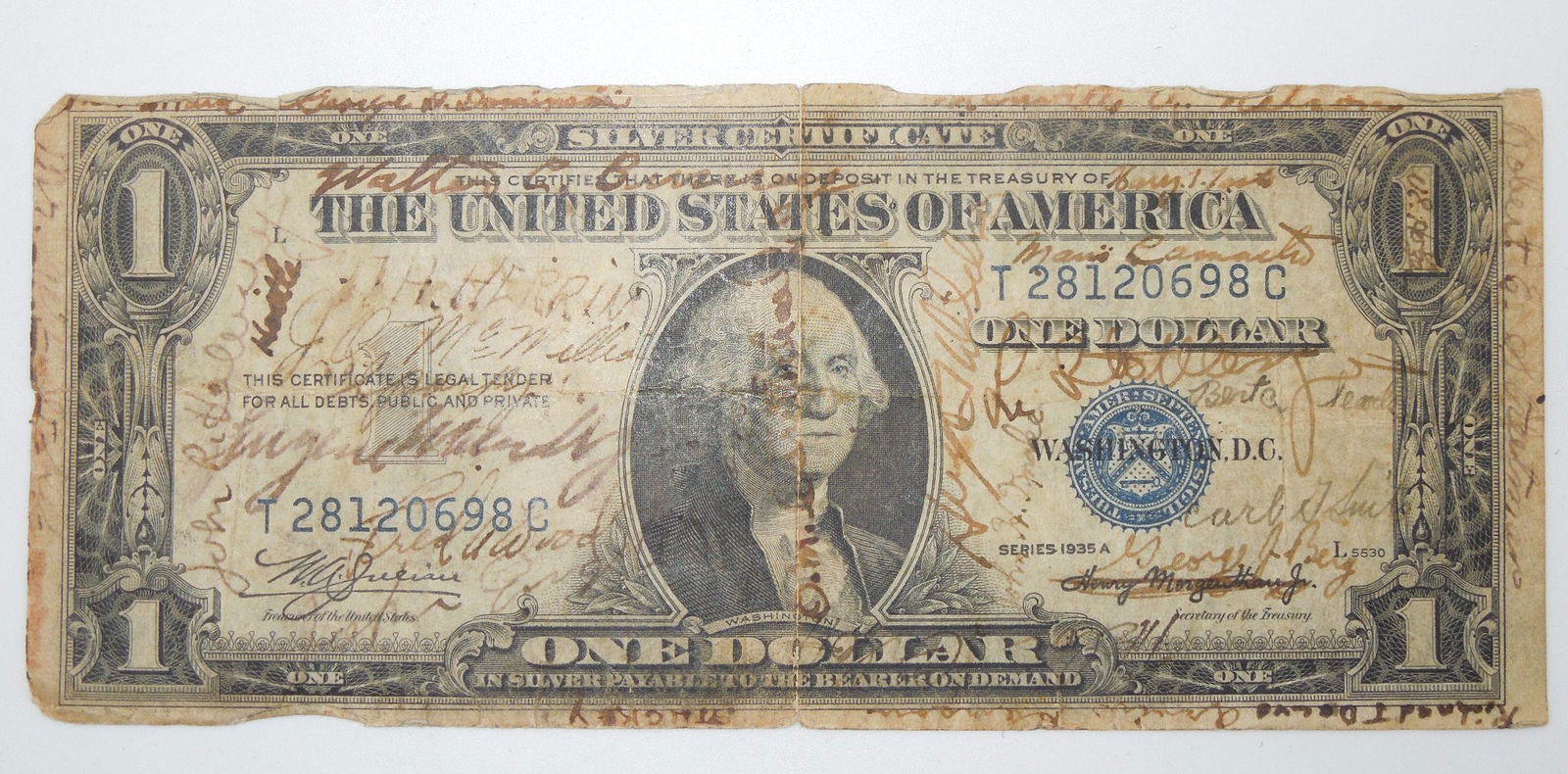 1935 US Dollar Short Snorter YMCA Tampa Florida 35+ Signatures (1 of 2)