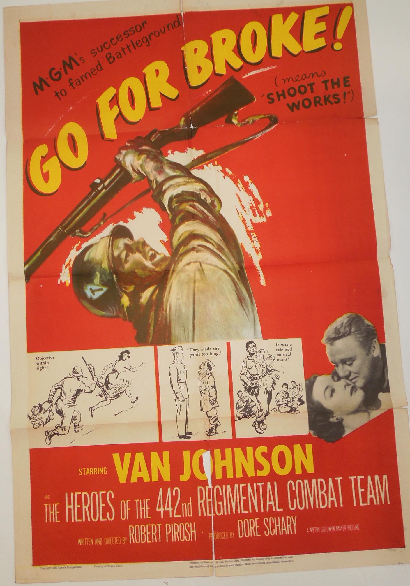 Vintage 1951 Go For Broke 442nd RCT Van Johnson MGM Movie Numbered Poster (1 of 4)