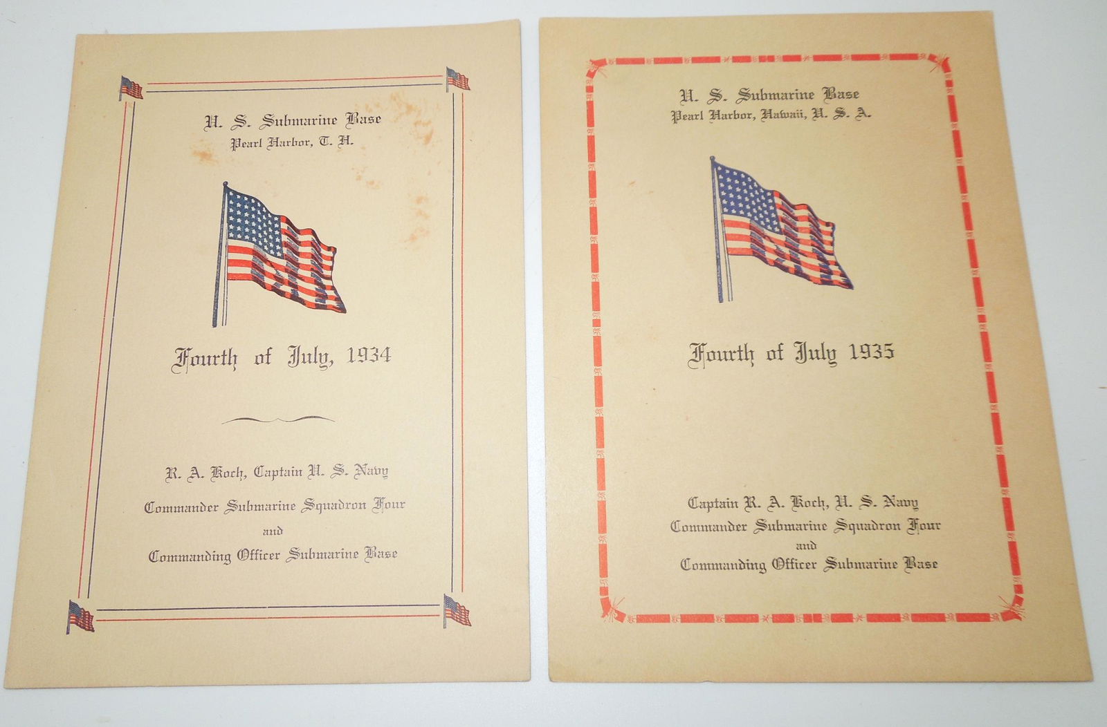 (2) 1934 - 1935 USN Navy Submarine Base Squadron Pearl Harbor, Hawaii July 4th Menus (1 of 2)