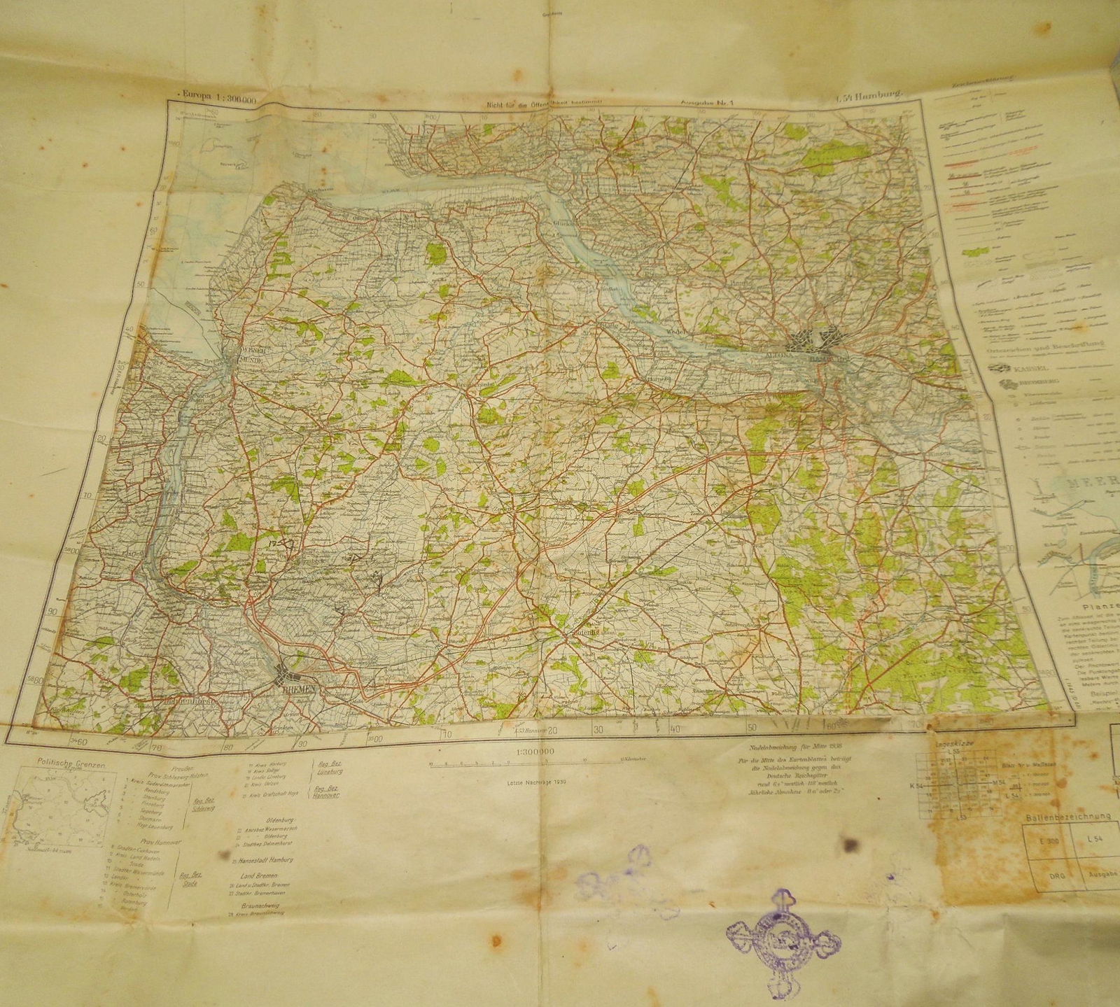 WWII Era German Map of Hamburg Captured by 175th Infantry Regiment, 29th Division (1 of 6)
