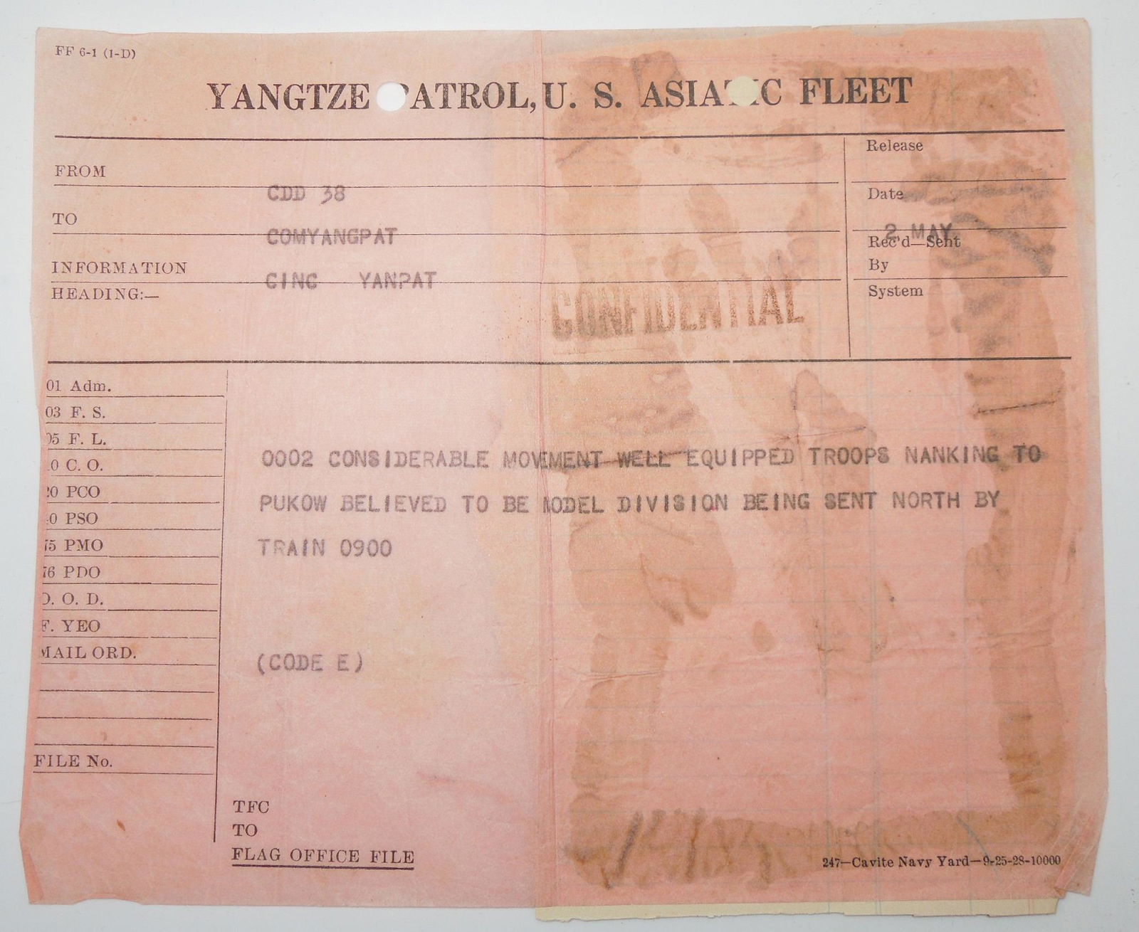 1920s US Navy Yangtze China Patrol Telegram of Large Enemy Troop Movement (1 of 2)