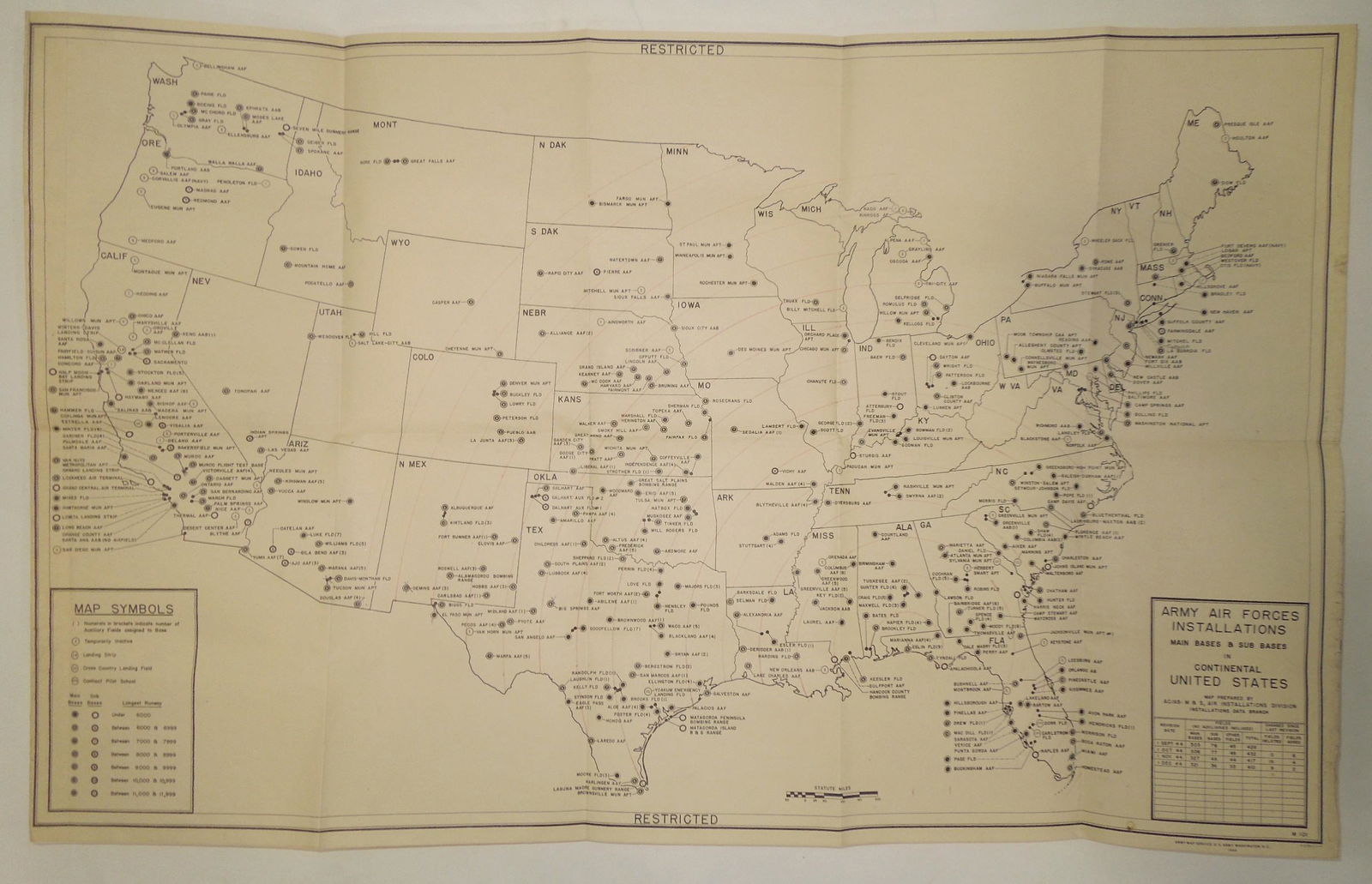 WWII 1944 United States Army Air Forces AAF Installations RARE Restricted Map (1 of 5)