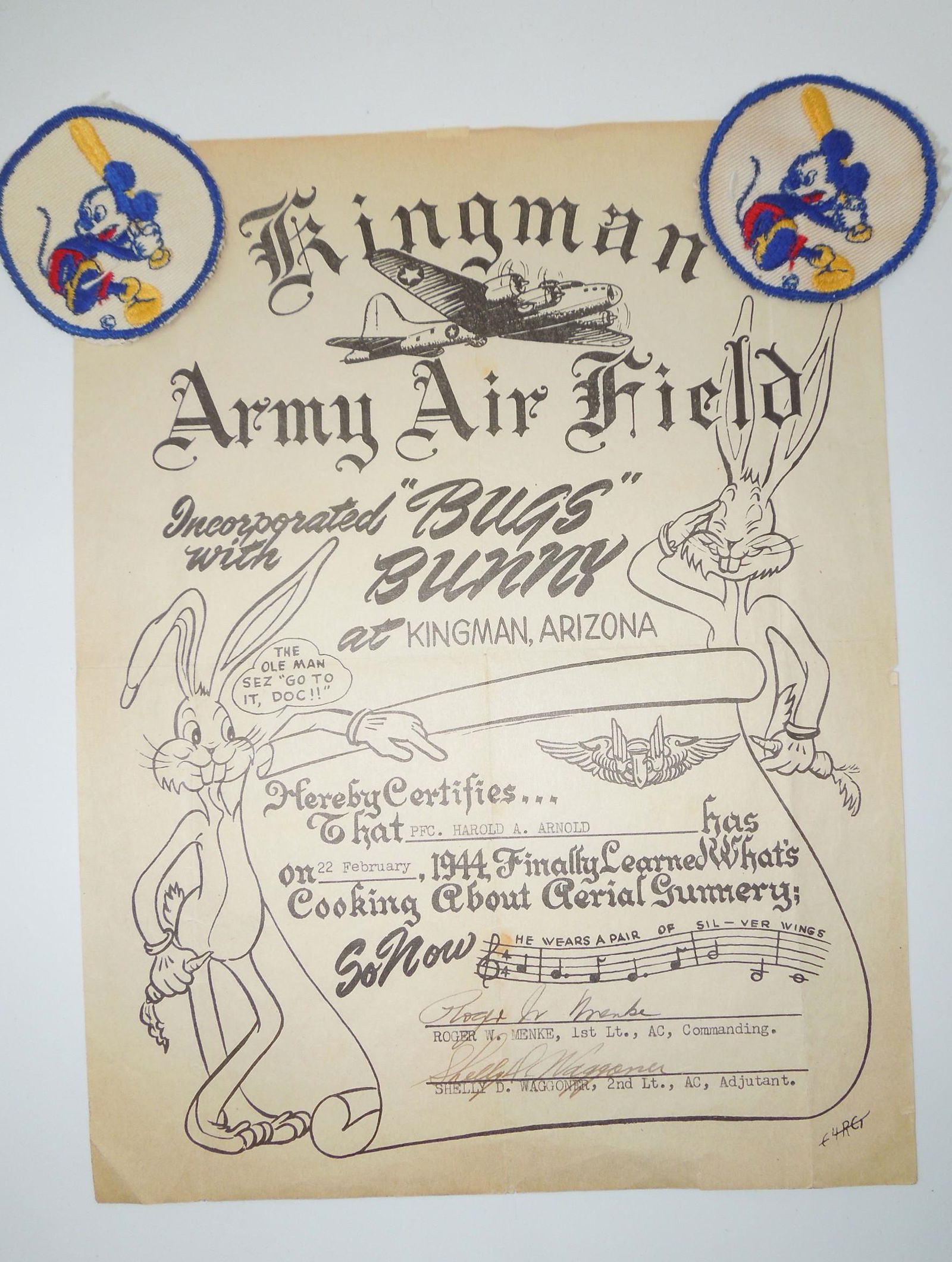 WWII Kingman Army Air Field Aerial Gunner Certificate Bugs Bunny Mickey Mouse Patches (1 of 4)