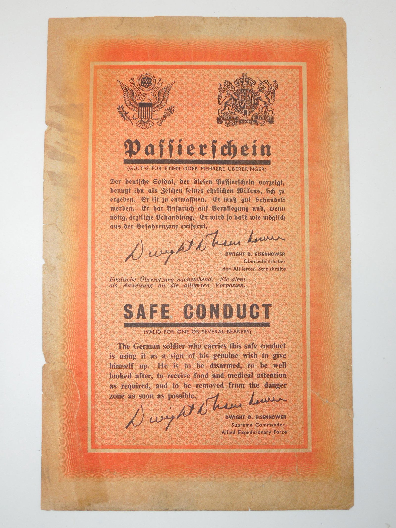WWII Eisenhower POW German Soldier Safe Conduct Propaganda Leaflet (1 of 2)