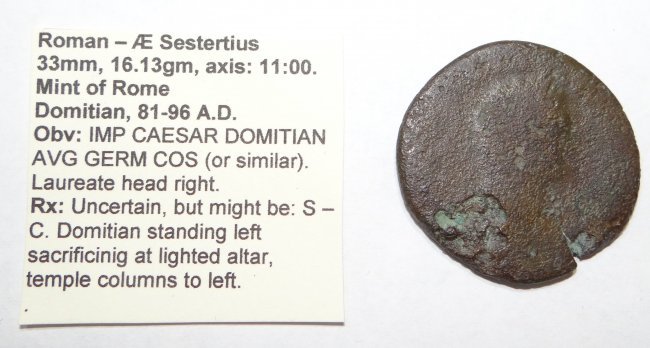 DOMITIAN Sestertius Caesar Rome S-C Ancient Roman Coin: DOMITIAN Sestertius Rome S-C Ancient Roman Coin. Domitian standing left. Temple columns to left. See pictures for complete details. This item came from a long-time collector of ancient coins. It is be