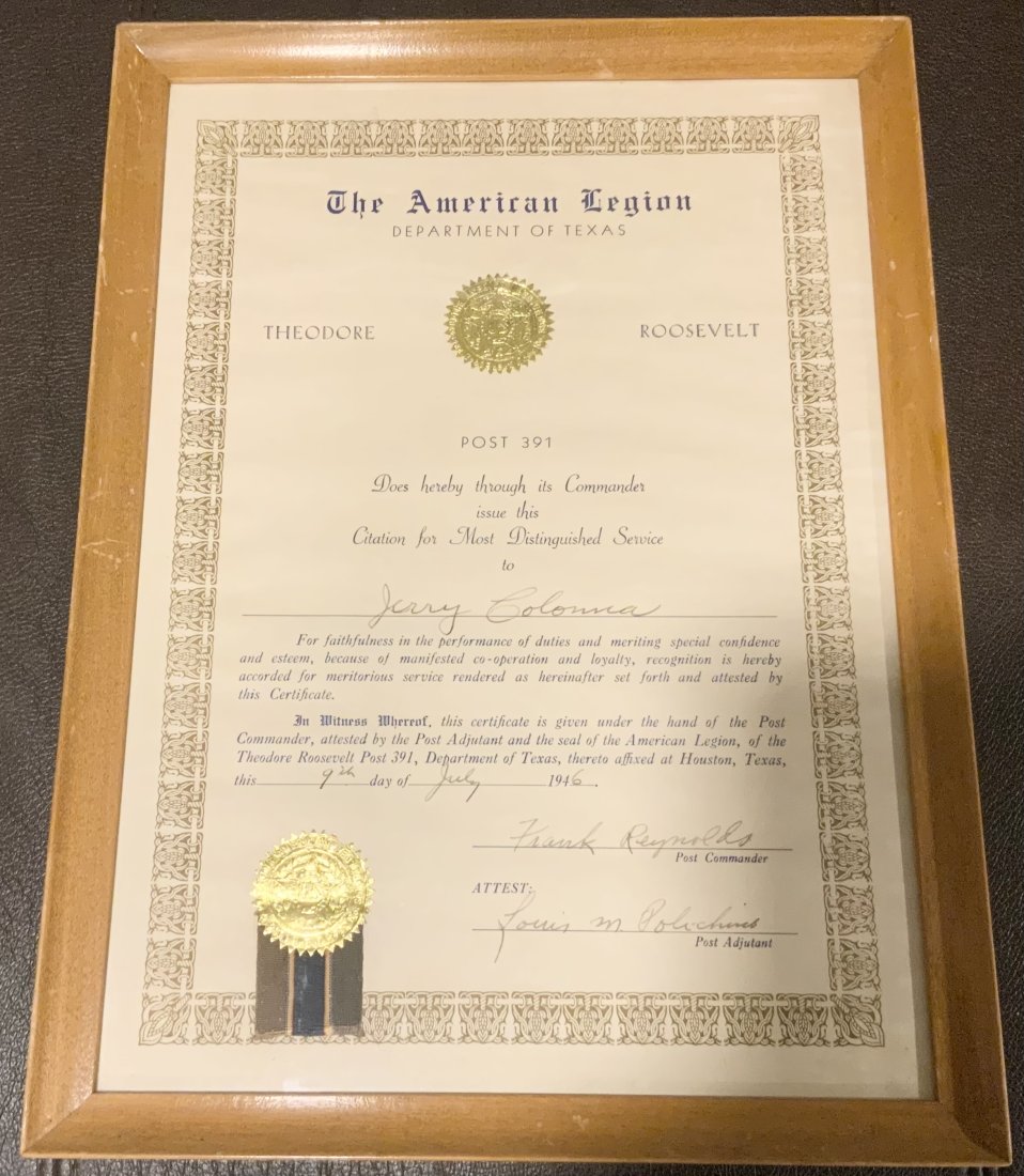 Colonna American Legion Texas Theodore Roosevelt Most Distinguished Service Certificate: The American Legion Department of Texas Theodore Roosevelt Most Distinguished Service Certificate to Jerry Colonna. During WWII Jerry Colonna along with Bob Hope headed out on their first USO tours ou