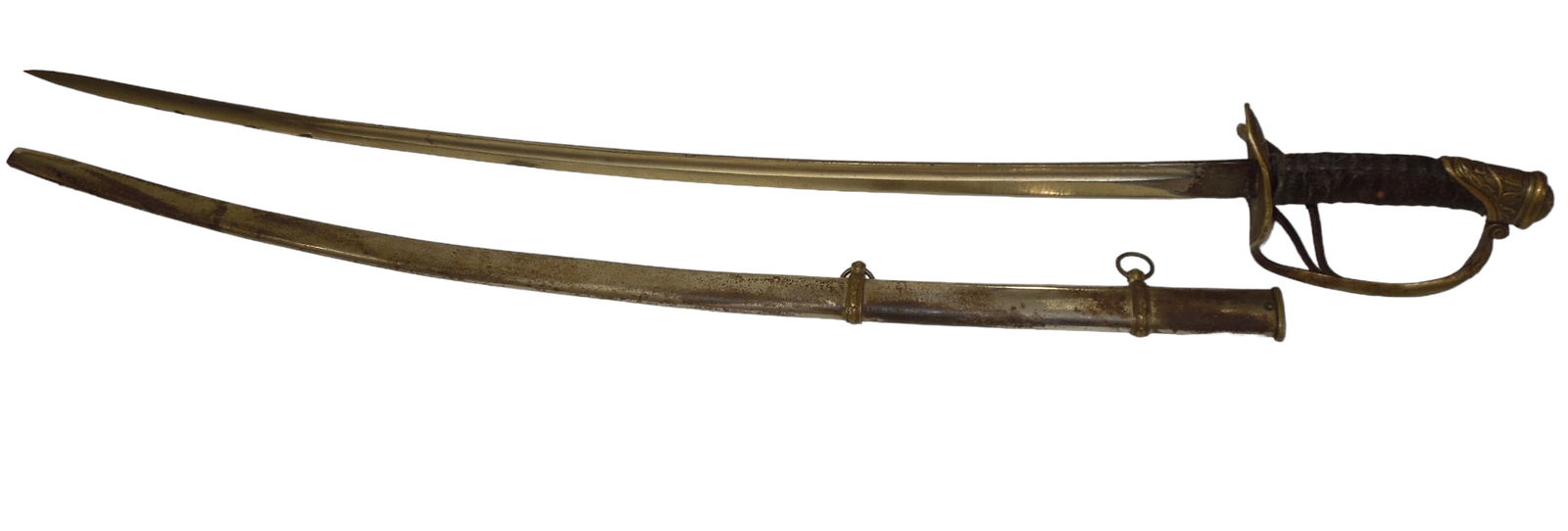 US Army M1872 Cavalry Officer Sword & Scabbard: US M1872 Cavalry Officers sword. Oak leaf decorated pommel, three-branch knuckle-bow/guard with eagle/stars. Shows wear as does the leather covered grip. 32 1/4 inch curved nickeled blade with the nam