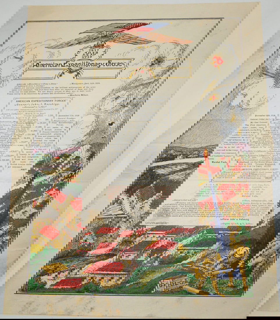 WWI AEF France 1917-1919 General Pershing Facts Congratulations & Campaigns Document: WWI RARE 1917-1919 American Expeditionary Forces France Congratulations & Campaigns Document. Document from President Woodrow Wilson to General Pershing. Designed by Pvt. E.C. Morris. Approximate size