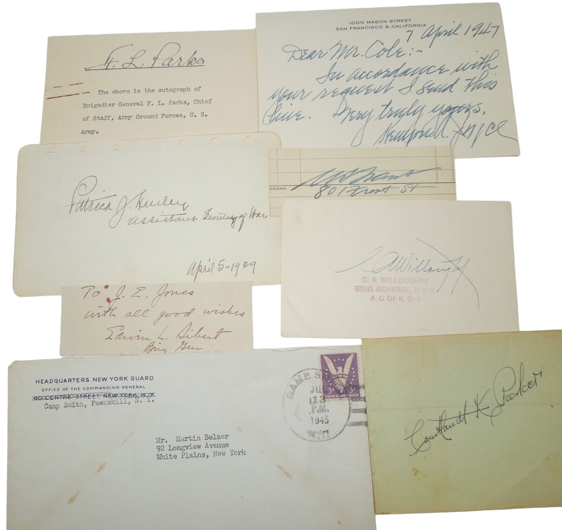 Signed Autographed Paper & Card Lot of WWII US Army Generals: Various cards signed by US Army General Officers from Pre WWII to post war. Includes Generals Floyd Parks, Willoughby, Sibert, Joyce, and 1929 Patrick Hurley, Asst. Secretary of War. Good condition.