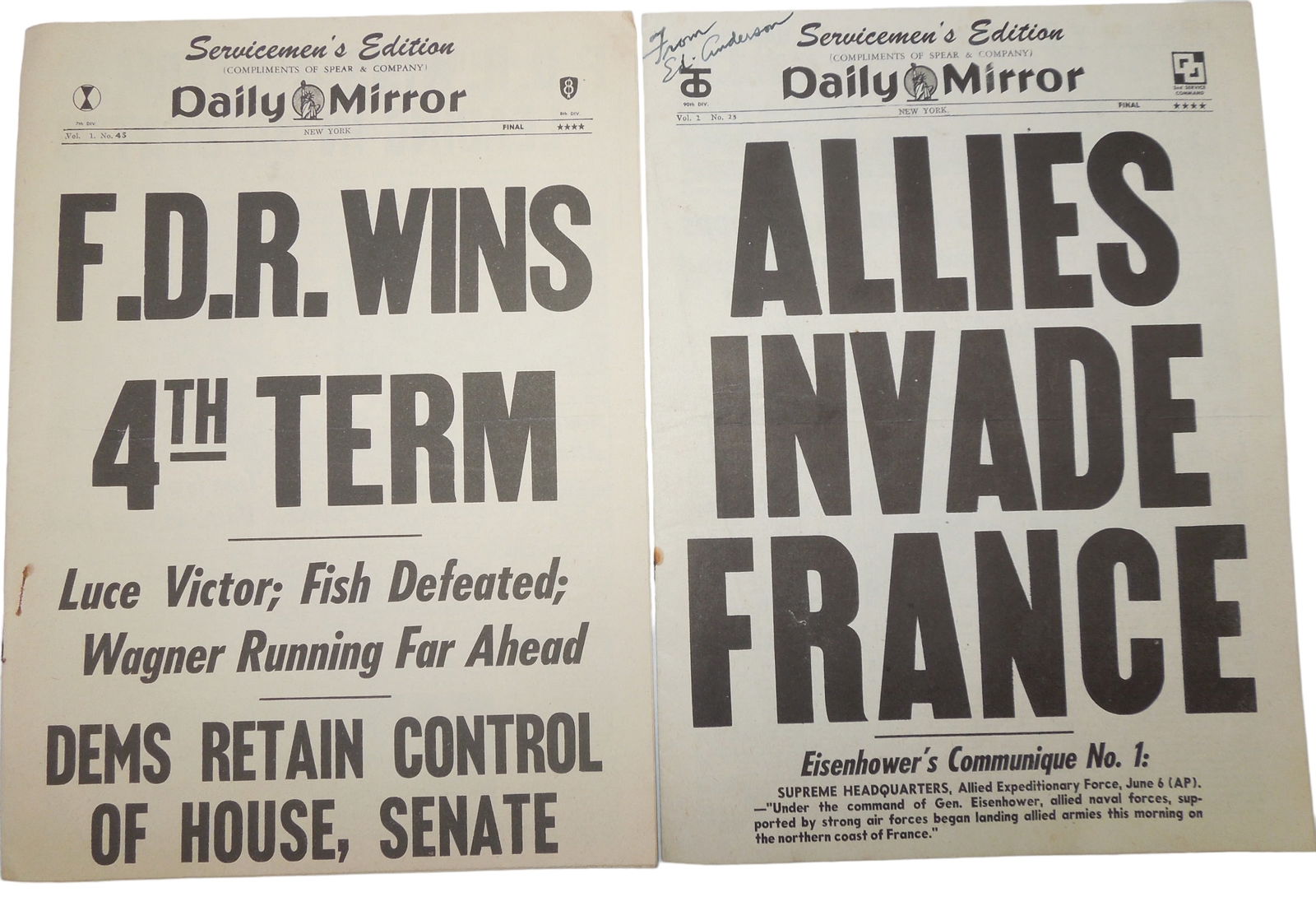1944 WWII Daily Mirror Small Newspapers ALLIES INVADE FRANCE, FDR 4th Term: Two original WWII small sized newspapers- Allied Invade France and FDR Wins Fourth Term. Good condition with some rust staining near the staples.