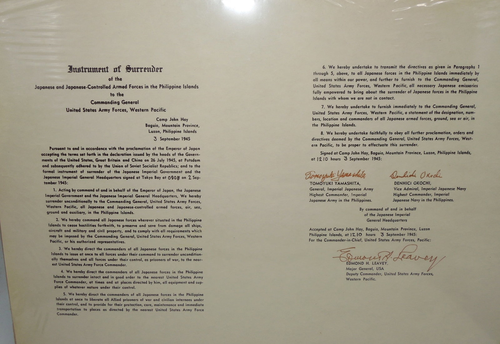 WWII Copy of the Official Japanese Instrument of Surrender Document Philippine Islands: Instrument of Surrender of the Japanese and Japanese-Controlled Armed Forces in the Philippine Islands to the Commanding General United States Army Forces, Western Pacific. This is a copy of the instr