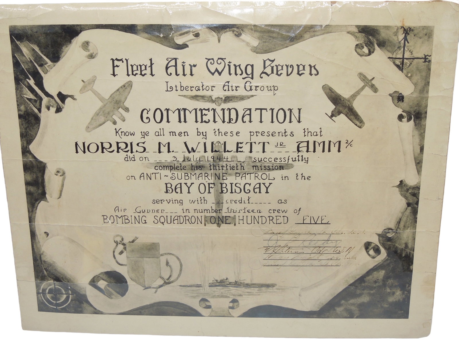WWII Navy Fleet Air Wing Seven Named Commendation Anti Submarine Patrol Bay of Biscay: US Navy Fleet Air Wing Seven Liberator Air Group Commendation Certificate. Dated 3 July 1944. Named to Air Gunner Norris M. Willett Jr. AMM 2/c. Willett completed his 30th mission on Anti-Submarines P