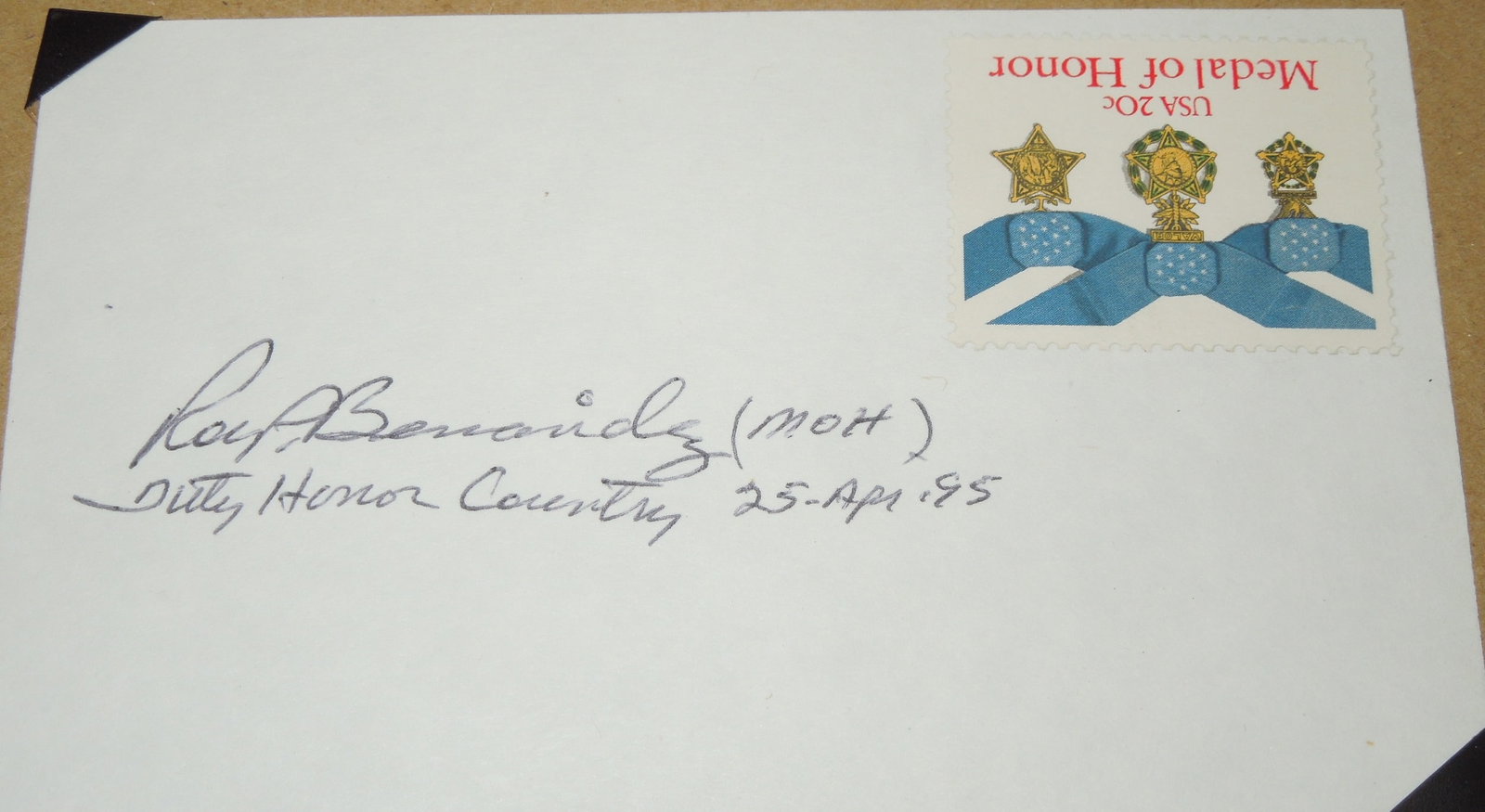Post Vietnam War Signed Cover US Medal of Honor MOH Autograph Roy Benavidez: M/Sgt. (then S/Sgt.) Roy P. Benavidez, United States Army, who distinguished himself by a series of daring and extremely valorous actions on 2 May 1968 while assigned to Detachment B-56, 5th Special F