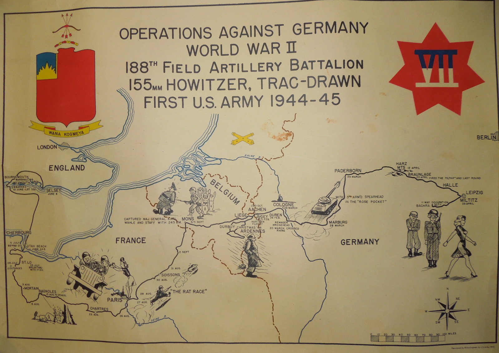 WWII 1945 Operations Against Germany VII Corps 188th Field Artillery Battalion Unit Map: Original 1945 rolled field map detailing the 188th FA path through Europe. There is some soiling from age, and some small creases. Approximate Size is 23 x 16 inches.