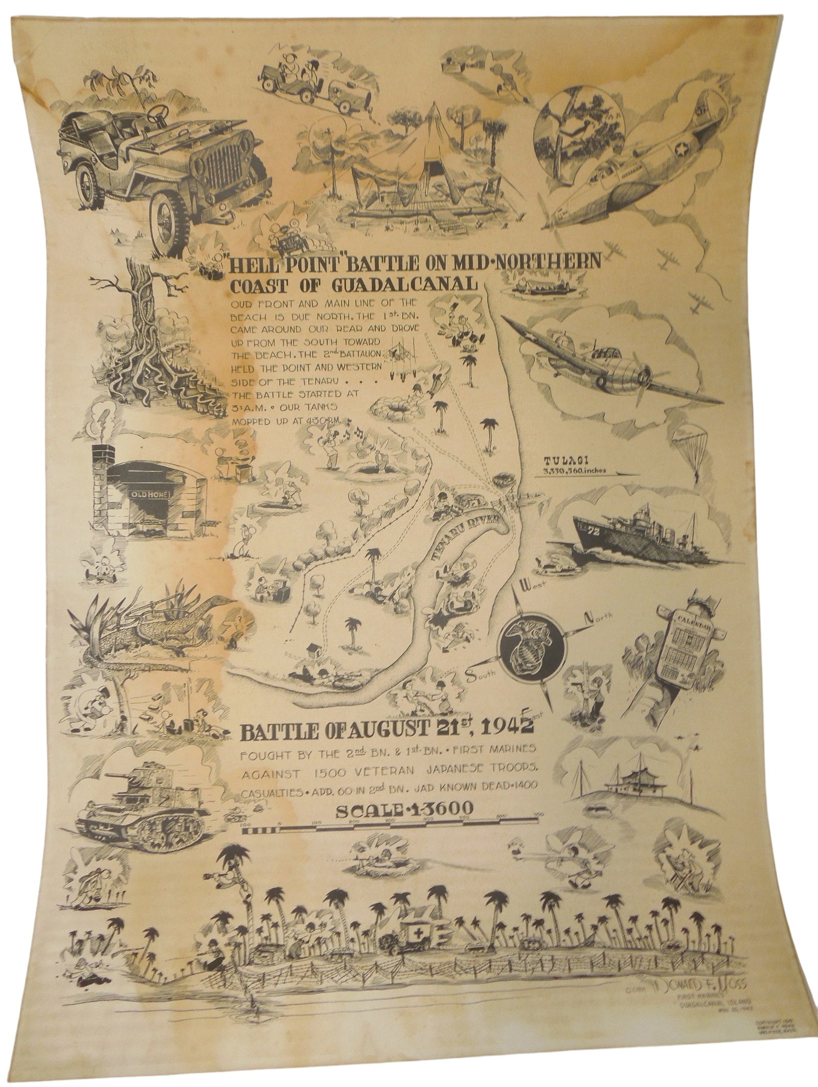 1943 WWII USMC Marine Corps Guadalcanal Campaign Remembrance RARE Poster: RARE Poster. Guadalcanal Campaign, Battle of Tenaru, Hell Point, August 21, 1942. Artwork by Donald F. Moss. Guadalcanal Island. Nov. 25, 1942. During the Battle of Tenaru on August 21-22, 1942 this a