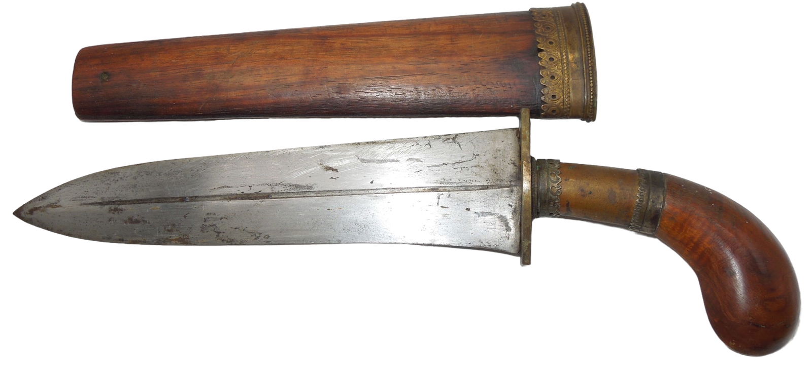 Early 1900s Handmade Indonesian Dagger Knife: Unique, well made early 1900s knife and wooden scabbard. Hand made. Good, used condition.