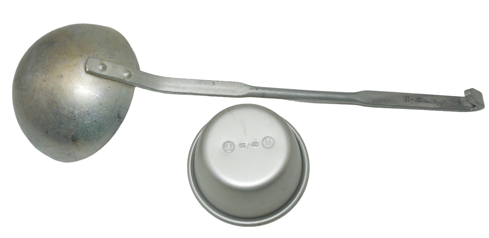 WWII German Totenkopf SS RZM Marked Ladle & Cup: Original WWII German marked mess items as shown.