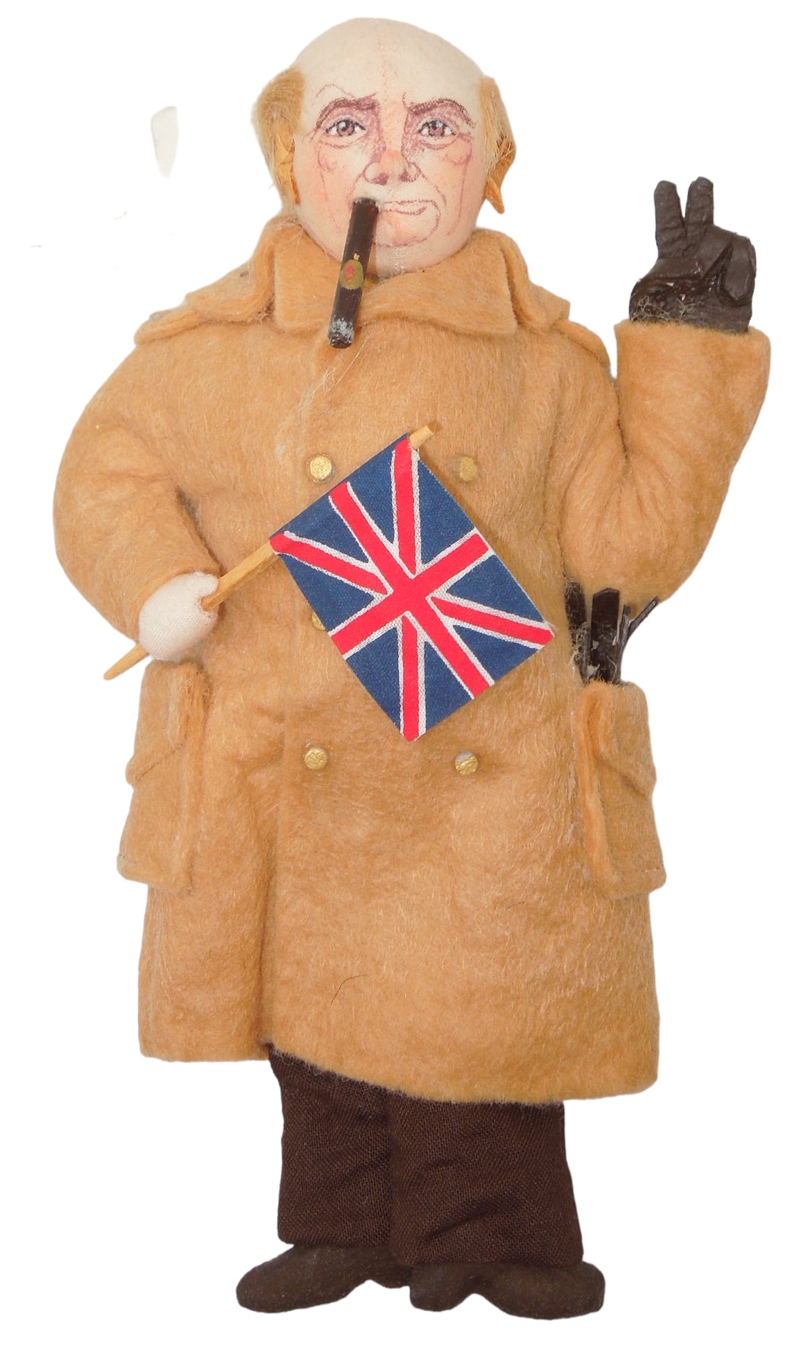 1998 Hand Made Prime Minister Winston Churchill Ornament Boalt: Detailed doll in the likeness of British Prime Minister Winston Churchill. Manufactured by Gladys Boalt Designs Inc. The doll features Churchill's cigar, and "V for Victory" hand sign and Great Britai