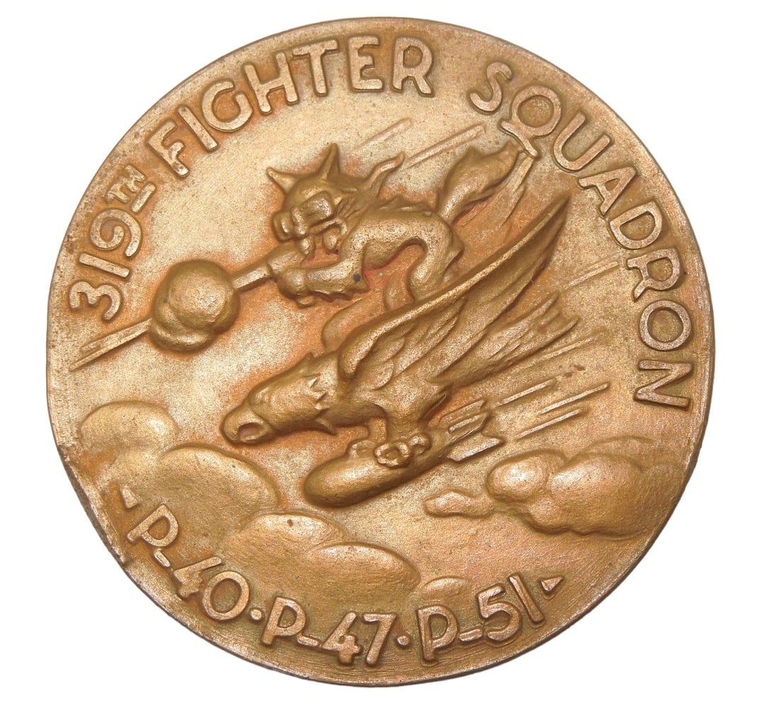 WWII Army Air Force 319th Fighter Squadron 1945 Souvenir Coin Table Medal P-40 P-47 P-51: WWII Era 1942-1945 319th Fighter Squadron Challenge Coin. The 319th Fighter Squadron was attached to the 325th Fighter Group. On the reverse is a list of where the Fighter Squadron was activated and t